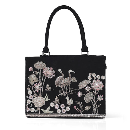 Elegant Black Crane & Lotus Embroidered Tote Bag
